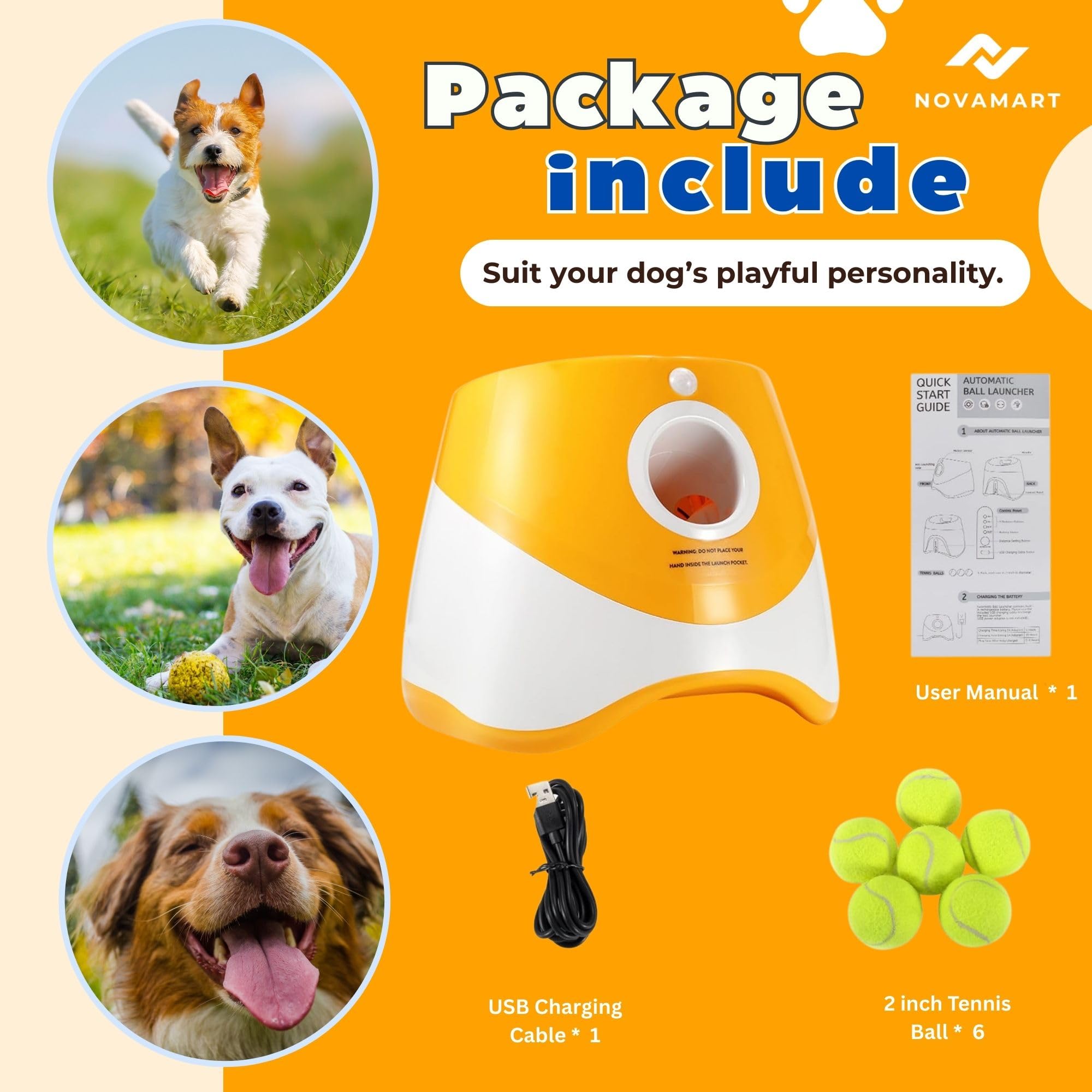 Lanceur de balles pour chien – Lanceur automatique de balles pour chiens de petite et grande taille, jouet interactif avec 6 balles de tennis et distance de lancement réglable, jeu intérieur