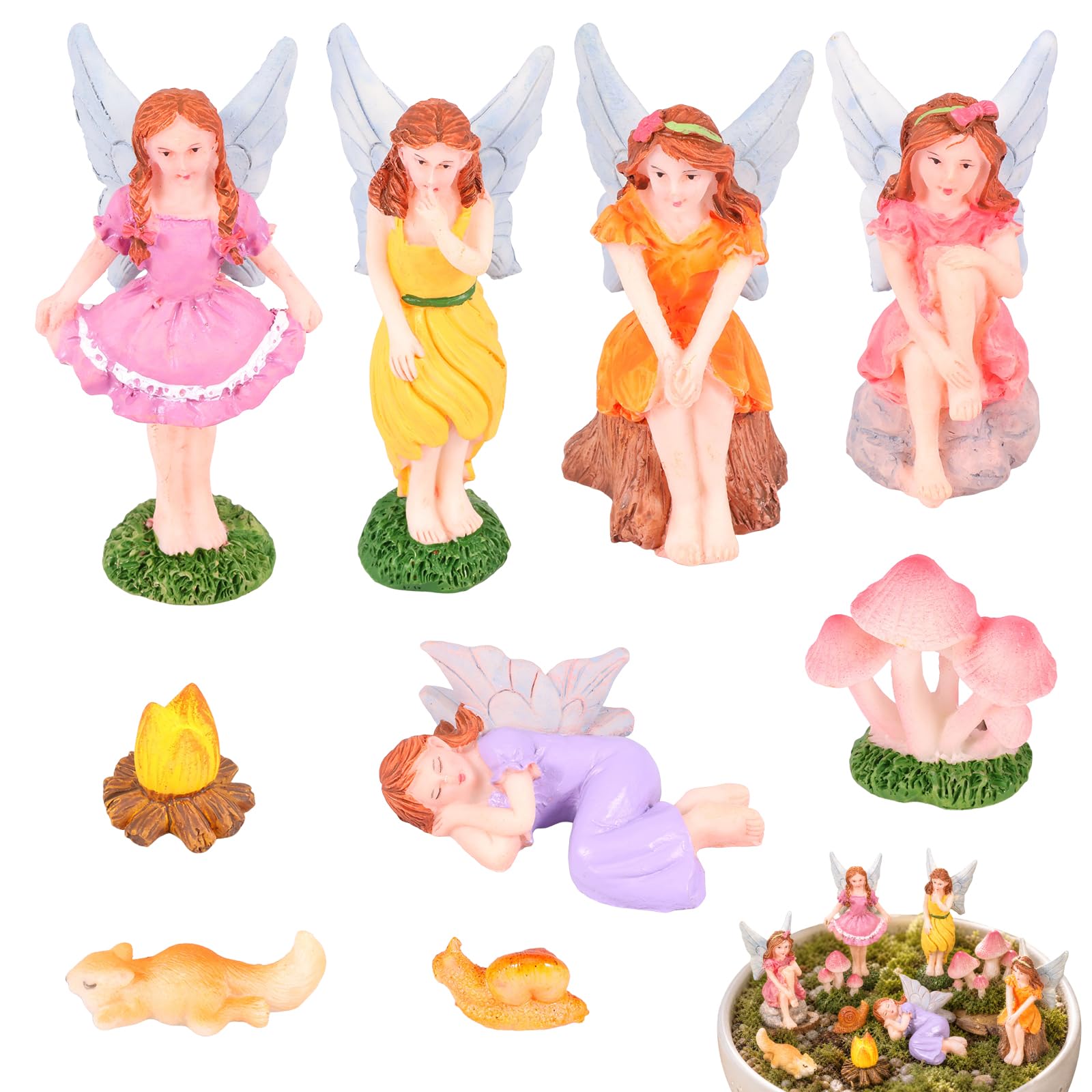 Gatphy 10Pcs Mini Fairy Garden Figurines Set, Resin Flower Fairy Statues with Mushrooms Snail Squirrel and Campfire, Miniature Fairies Garden Accessories for Plant Pots Indoor Outdoor Decoration