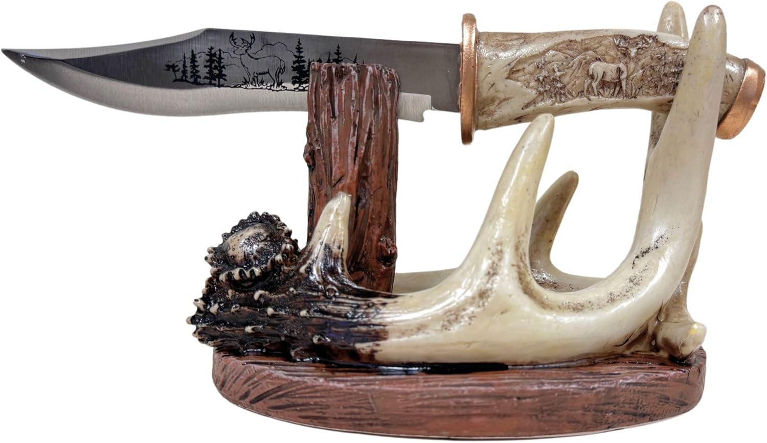 BestGiftEver Carved Handle Decorative Deer Buck Blade Knife with Faux Antler Display Stand Hunting Cabin Home decoration