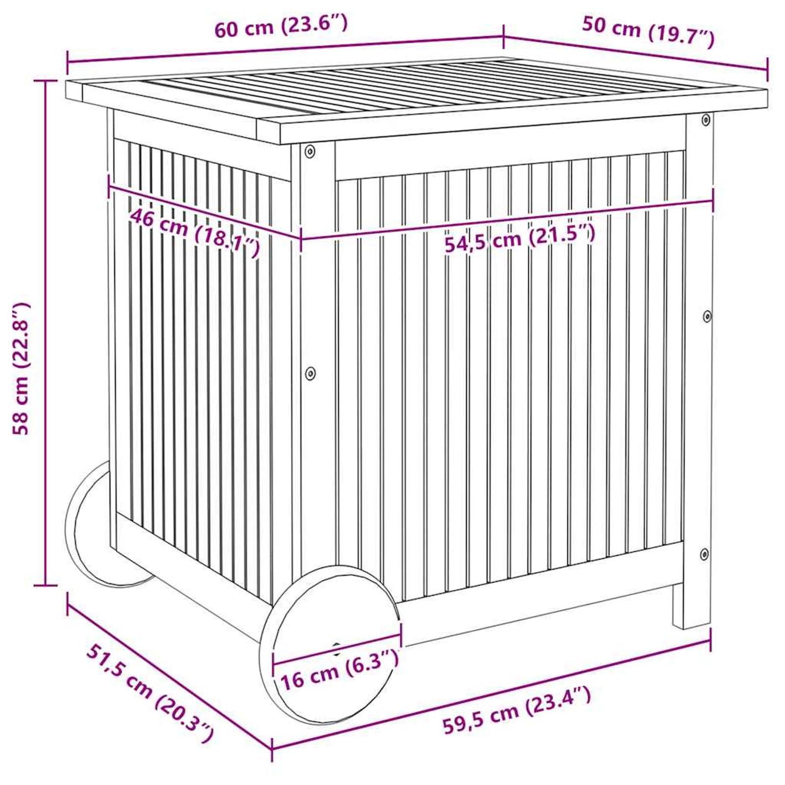 Gecheer Scatola portaoggetti da giardino con ruote, 60 x 50 x 58 cm, in legno di acacia, per esterni, organizer per attrezzi da giardino, cassapanca per cuscini per balcone, piscina, terrazza