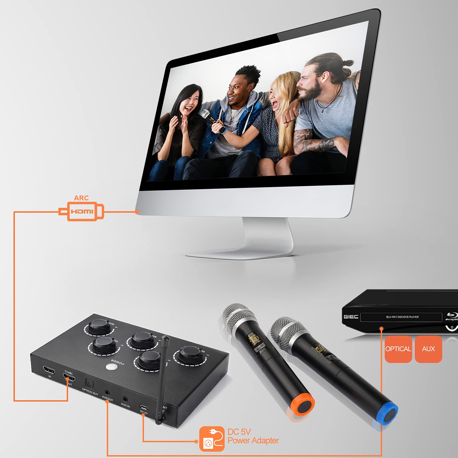 Portable Karaoke Microphone Mixer System Set, with Dual UHF Wireless