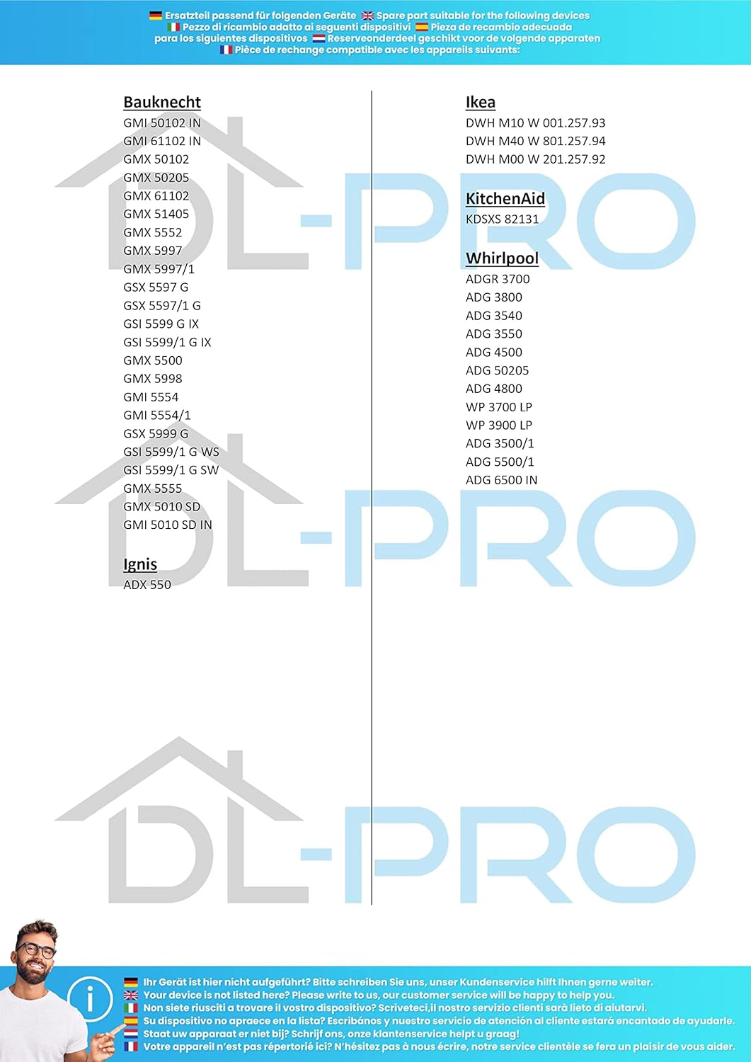 Compatibility list for DL-pro dishwasher spray arm