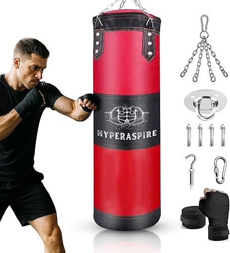 Saco de boxeo para adultos, bolsa de boxeo de piel sintética de 47.2 in con forro de espuma, bolsa con gancho de techo de cadena, envolturas de mano