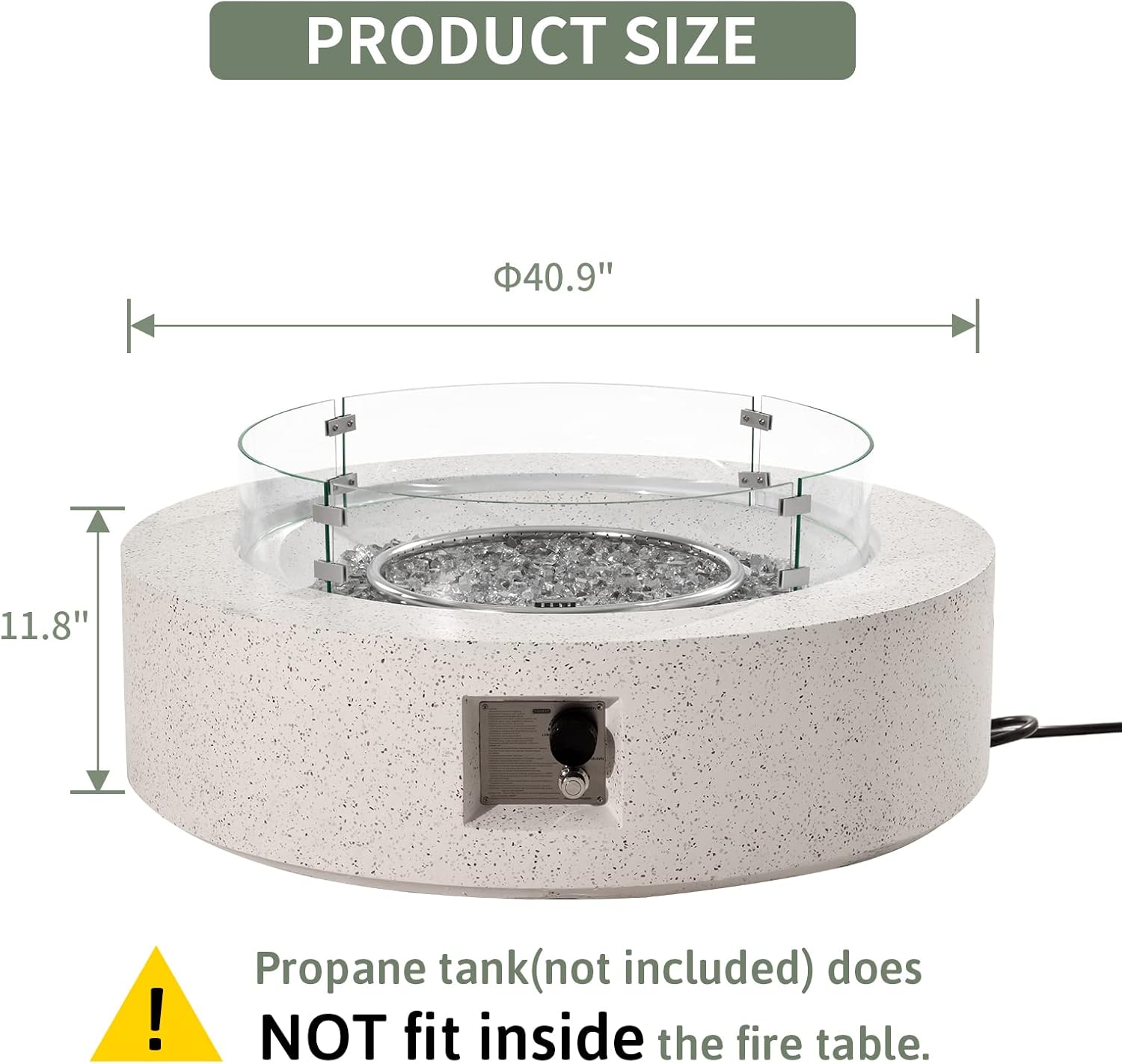 COSIEST Outdoor Propane Fire Pit Coffee Table w Terrazzo White 42 inch Round Base Patio Heater, Certified, 50,000 BTU Stainless Steel Burner, Wind Guard, Transparent Gray Fire Glass, Rain Cover