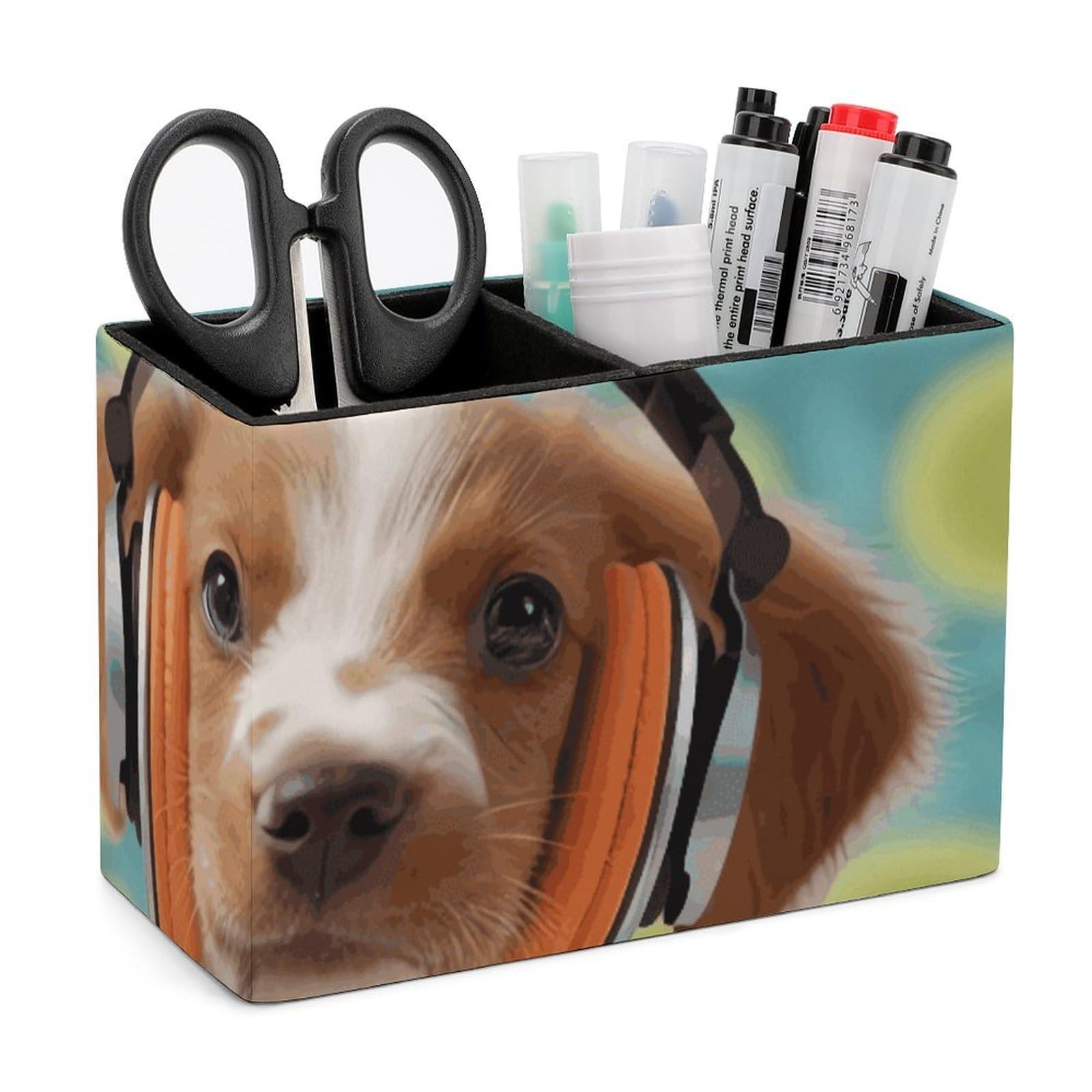 JTREHY Puppy with Headphones Pencil Holder Exquisite Fashion Leather Pen Receptacle Soft High-End Pen Container for Office Home Accessories Or Housewarming Present