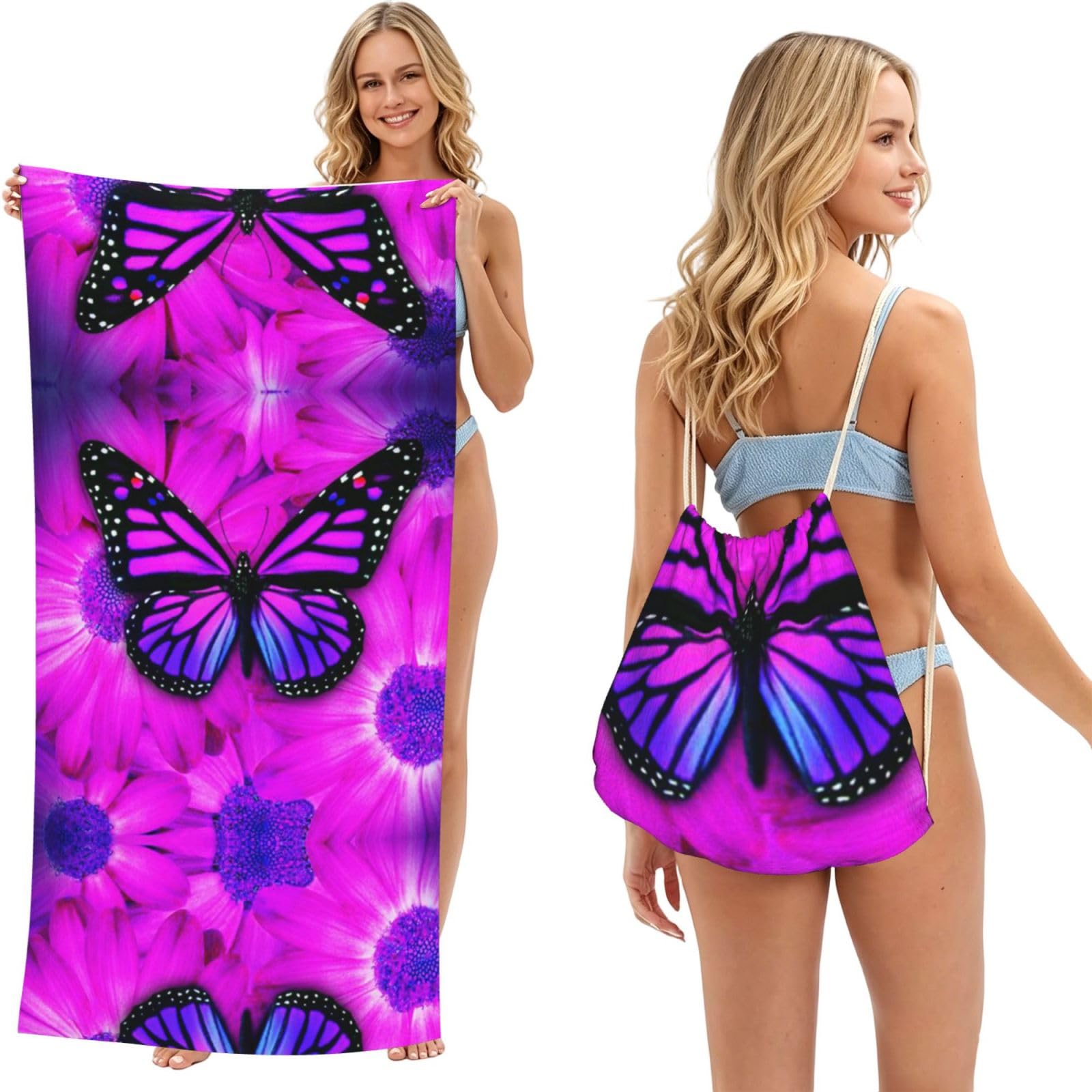 EZDLOWVBA Purple Butterfly And Flower Print Beach Towel Backpack 2 In 1 Summer Large Lightweight Beach Towel - Multifunctional Ship Pattern Towel Bag For Storage,Sport