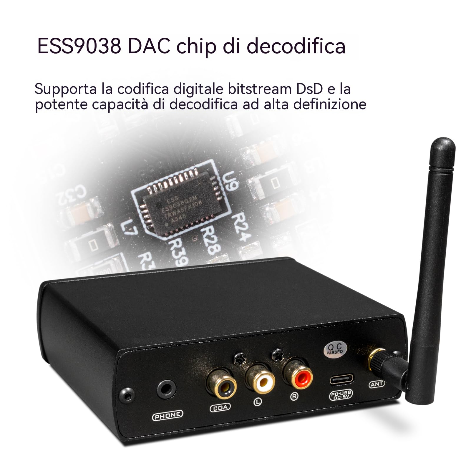 Ricevitore Hi-Fi Bluetooth 5.1 e DAC, decoder ESS9038, audio LDAC/aptX HD Lossless, uscita ad alta risoluzione 24bit/96kHz con display OLED, ingresso USB Type-C e coassiale, per stereo domestico