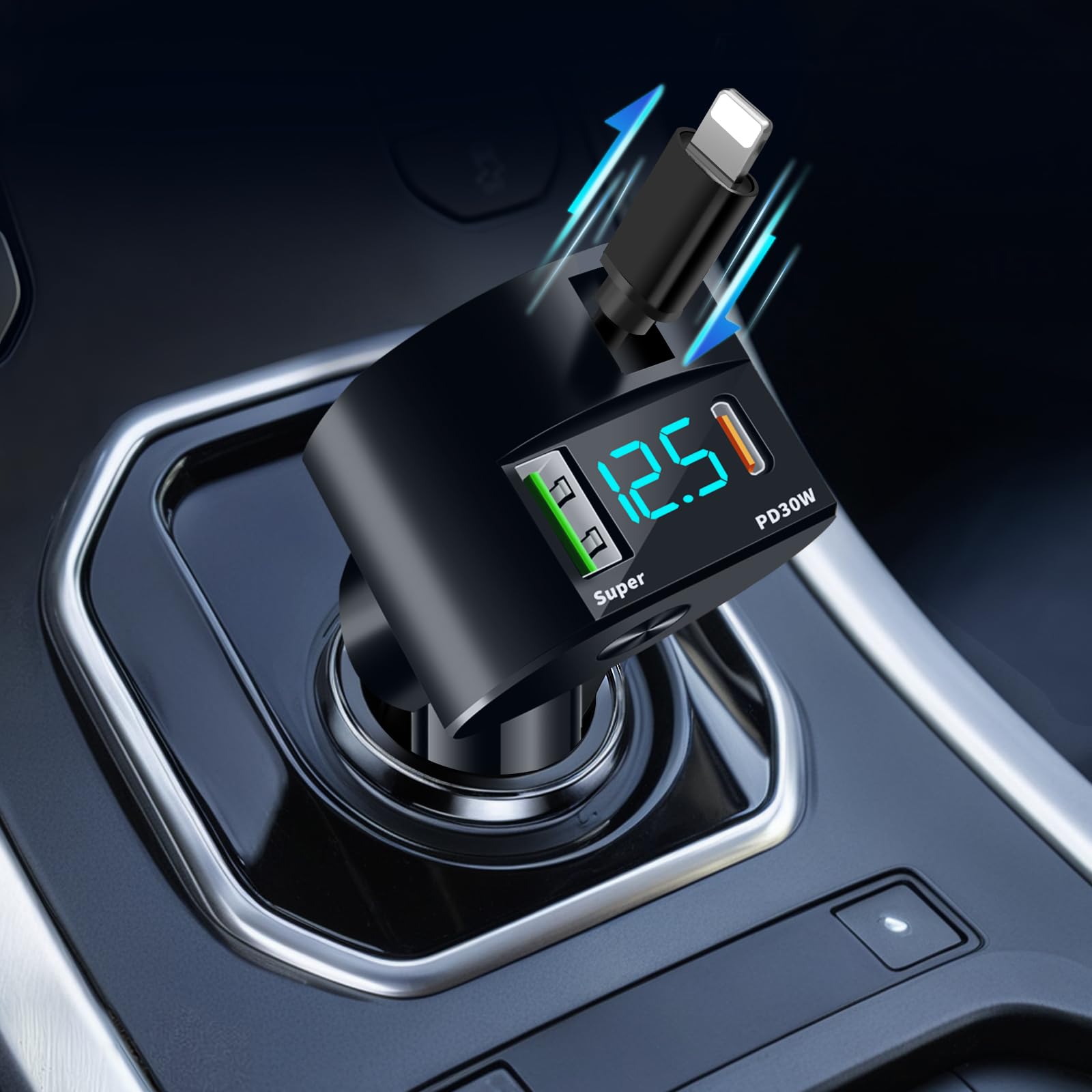 Etre Jeune Retractable Car Charger USB C Fast Charging, PD 30W Fast Car Charger with Retractable Cords Compatible for iPhone, Dad Gift for Father's Day