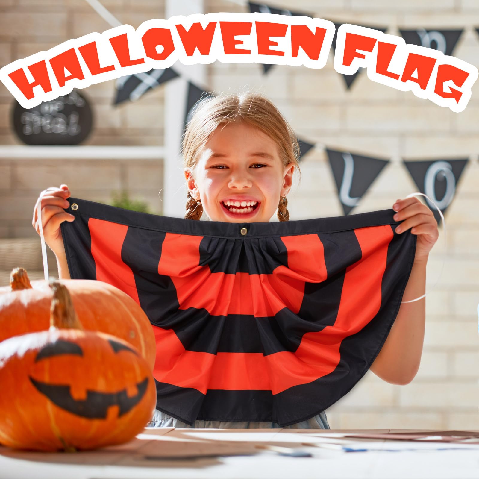 Newwiee Lot de 8 fanions plissés à suspendre avec 3 œillets pour Halloween, intérieur, extérieur, maison, vacances, cour, fête - Noir et orange