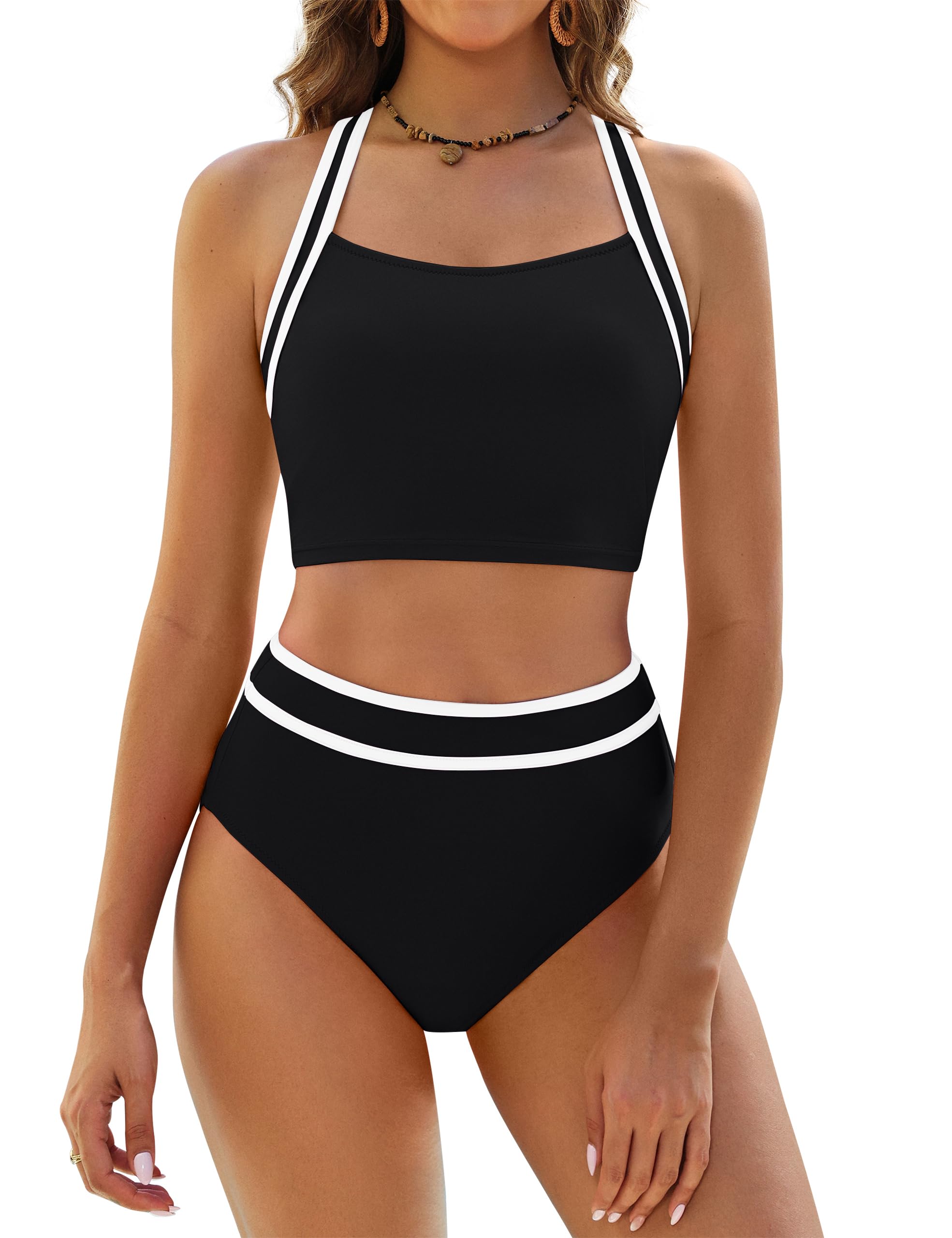 BMJL Womens High Waisted Bikini Sets Two Piece Swimsuits Sporty Tummy Control Bathing Suit Color Block Swim Suit