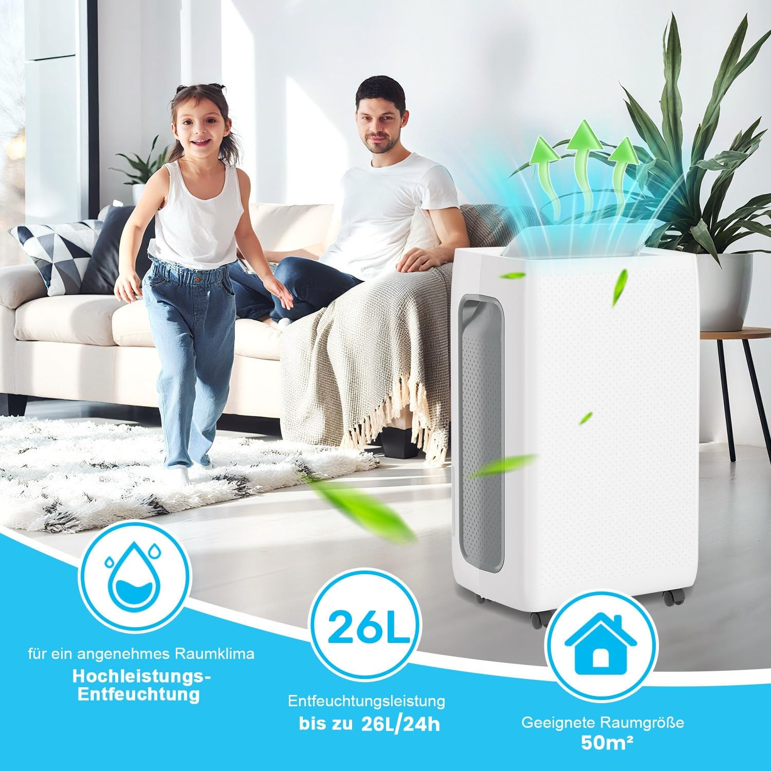 Herrselsam Osuszacz powietrza do domu 26 l/24 h, nadaje się do 30㎡, elektryczny osuszacz powietrza z 3 trybami pracy, timer 24H, funkcja rozmrażania, kółka obrotowe