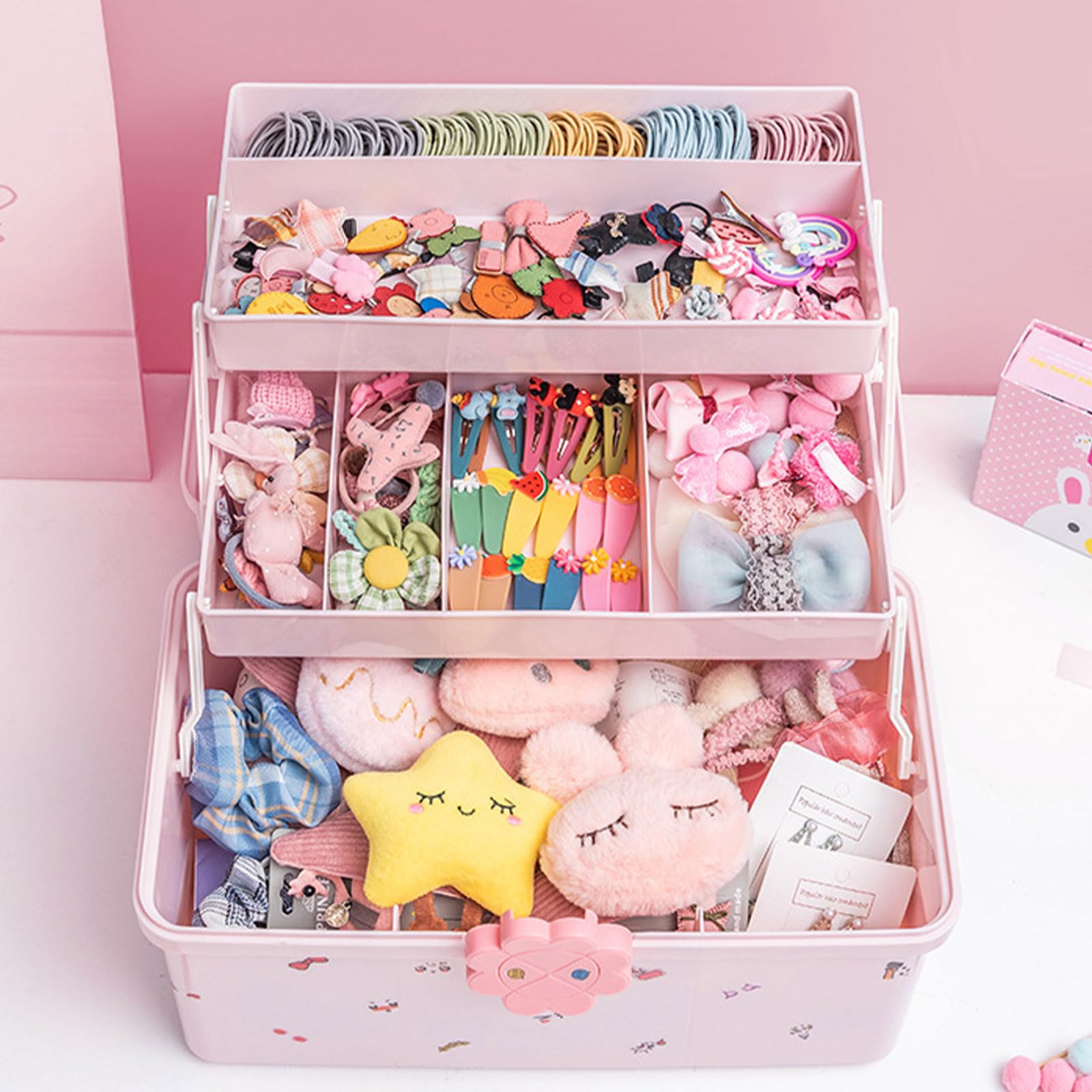 Organizer per fermagli per capelli e elastici per ragazze, a più livelli, contenitore per gioielli per bambini con serratura, accessorio per la casa per l'organizzazione, scatola per elastici