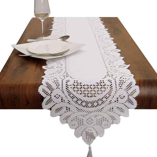 mookaitedecor Lace Table Runner White for Wedding Festival Party Table Centrepiece Home Decor,70x13 Inch