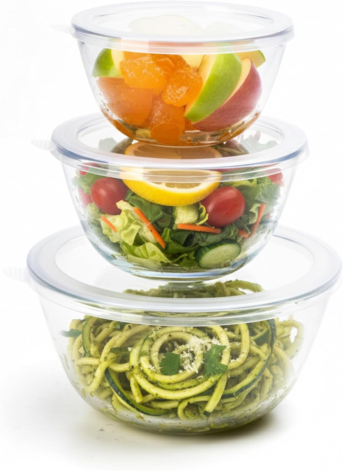 Borosilicate Glass Mixing Bowl with Lid, 3 Pcs Set (500ml, 800ml &1600ml), Serving Bowl, Kitchen, Oven & Microwave, Dishwasher and Freezer Safe, Scratch Resistant, Round, Transparent