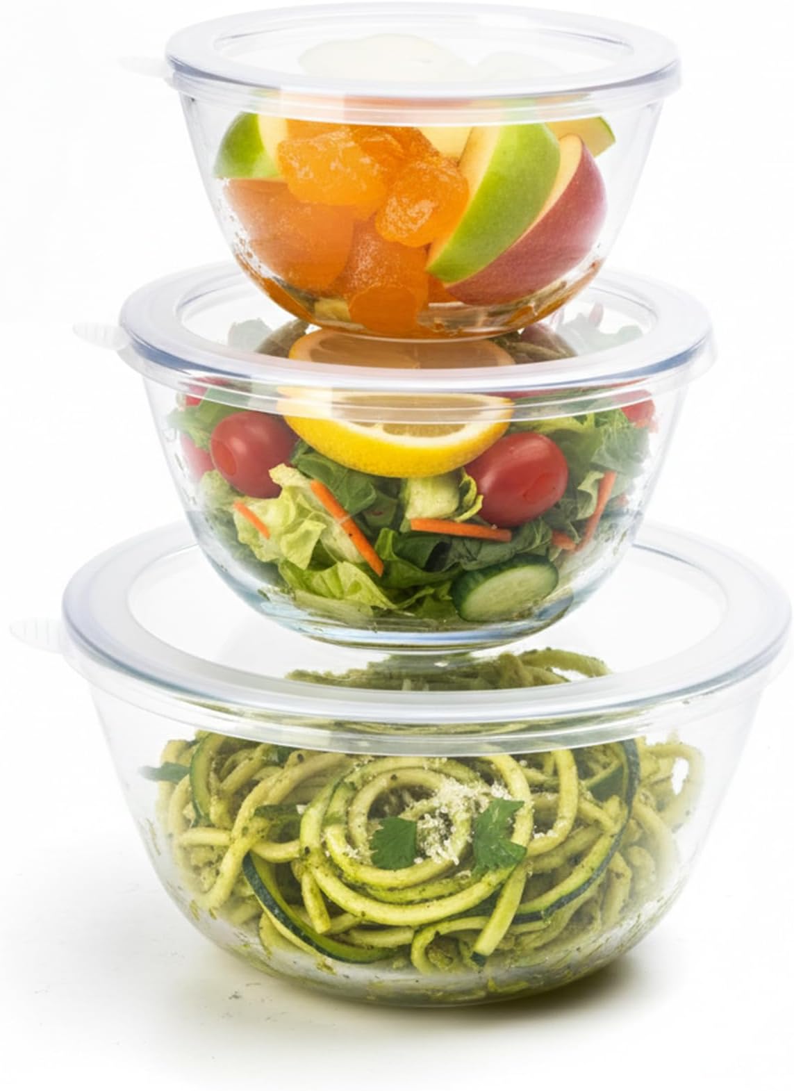 Borosilicate Glass Mixing Bowl with Lid, 3 Pcs Set (500ml, 800ml &1600ml), Serving Bowl, Kitchen, Oven & Microwave, Dishwasher and Freezer Safe, Scratch Resistant, Round, Transparent