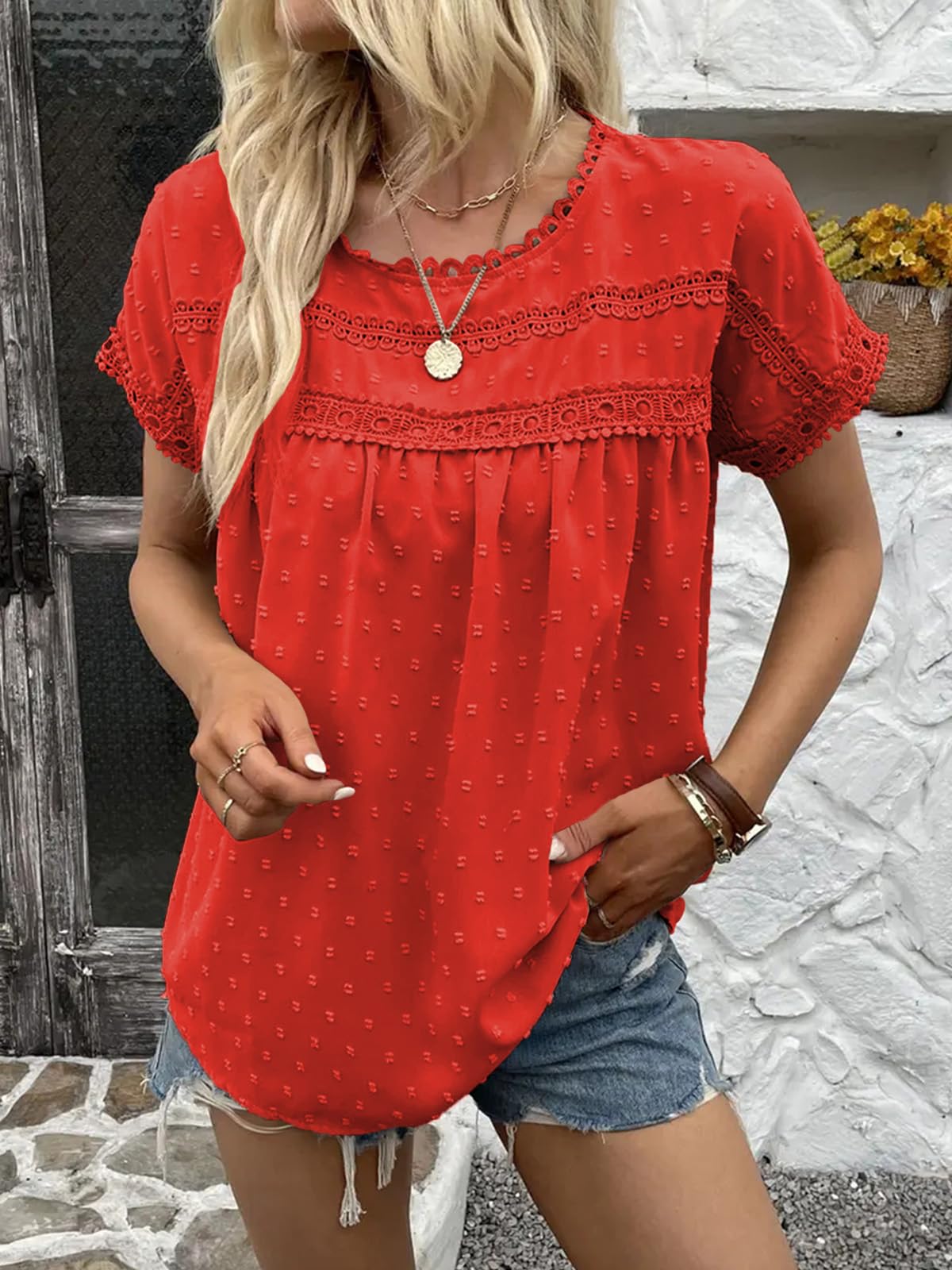 Poetsky Blusas de Verano de Manga Corta con Encaje de Ganchillo para Mujer, Estilo Babydoll, Elegante, Casual, para el Trabajo, Naranja Rojo, Small