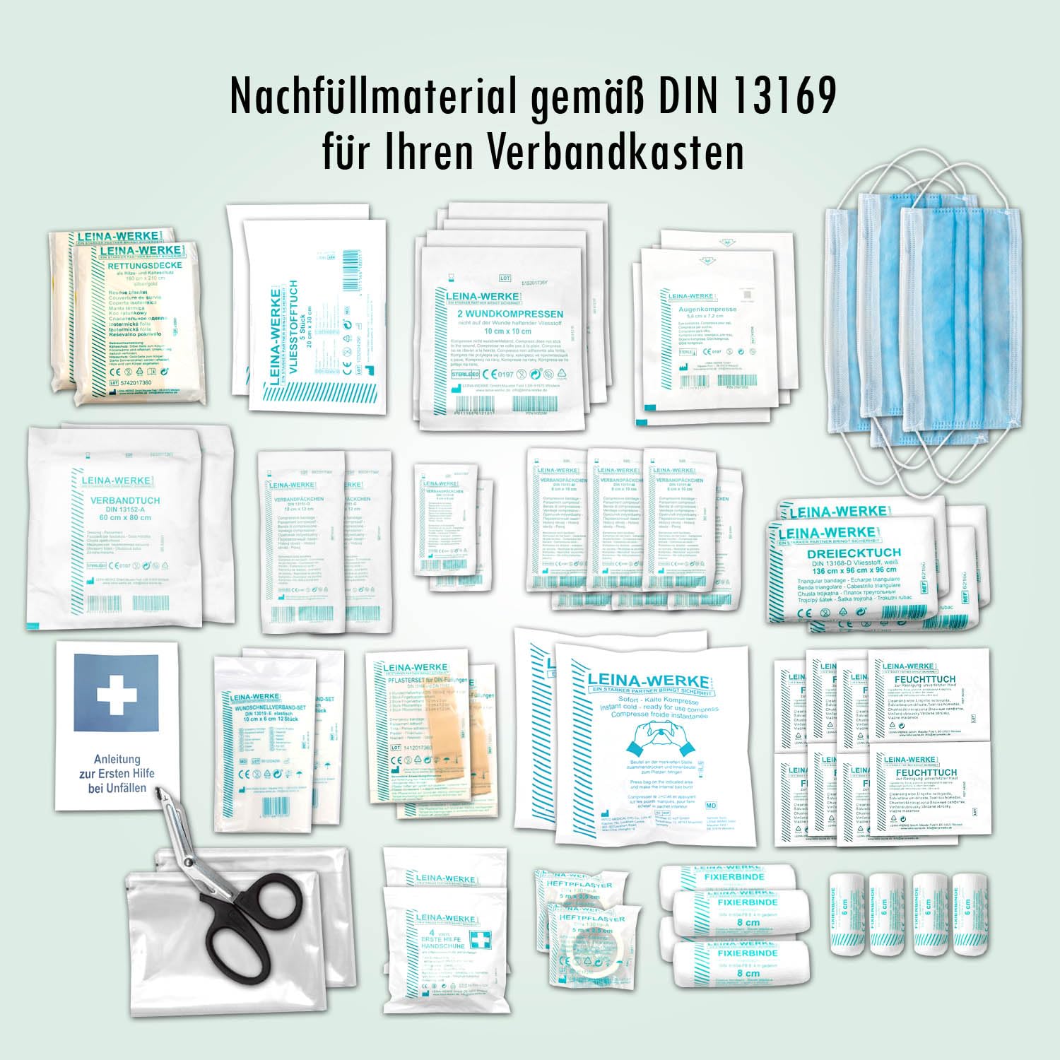 NEUE DIN 13169 − Verbandkastenfüllung Erste-Hilfe-Koffer-Füllung Nachfüllset für Verbandskasten + Erste-Hilfe-Anleitung + Augenspülung - für Betriebe - Baustelle - öffentliche Einrichtungen LW