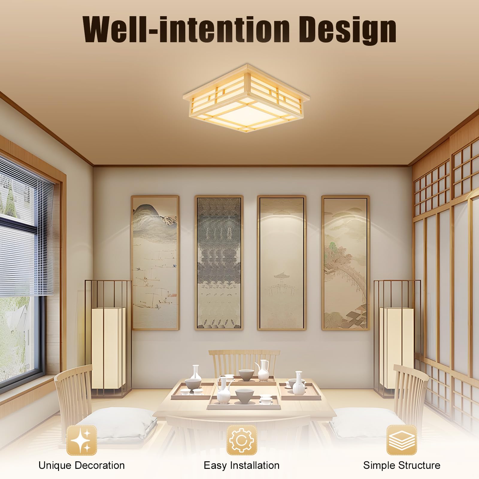 LED Lampen Deckenlampen Holz Quadratisch 3000K 24W Schlafzimmer Lampe Decke Japanische Deckenleuchte für Bad, Küche, Schlafzimmer, Wohnzimmer, Esszimmer (45 x 45cm)