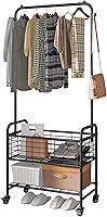 SUOERNUO Rolling Laundry Cart with Hanging Rack, Locking Wheels & Shelf - Black Hamper Sorter for Bedroom Bathroom