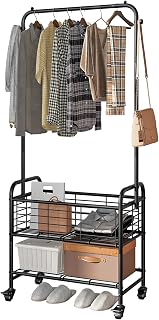 SUOERNUO Rolling Laundry Cart with Hanging Rack, Locking Wheels & Shelf - Black Hamper Sorter for Bedroom Bathroom