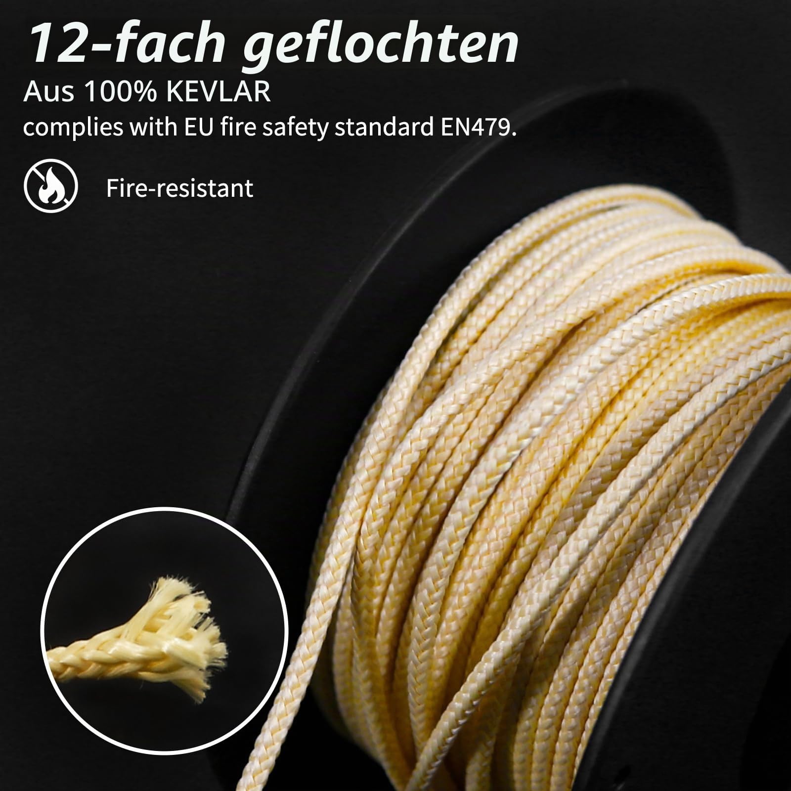 NewDoar Abriebfeste Geflochtene Kevlar-Schnüre 1,5 mm 50Fuß/120Fuß/200Fuß, 12-strängige Schnur Hochfest Verschleißfest Flammhemmend Geeignet für Camping Drachenschnur Angeln EDC-Schnüre