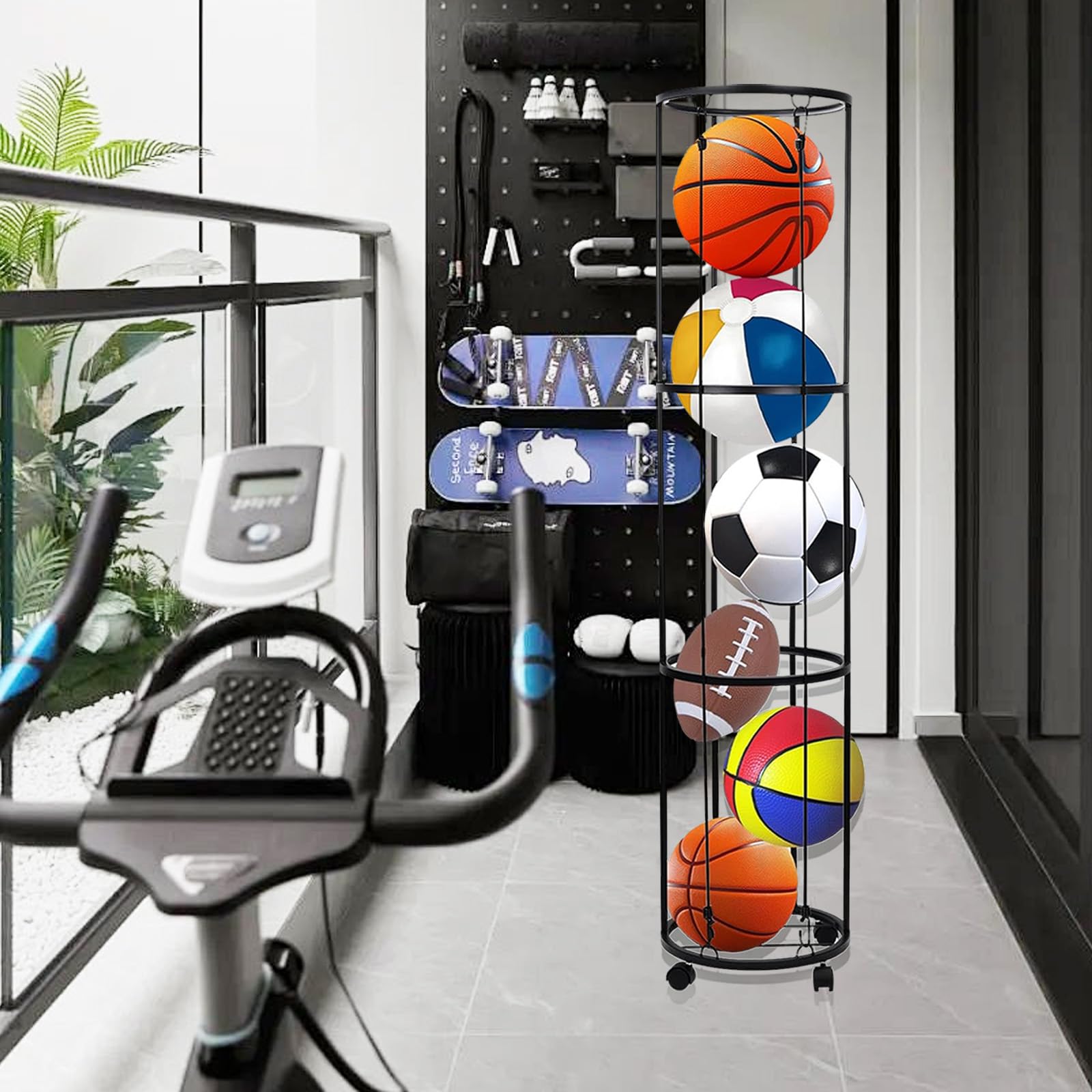 Aisny Portapalle da Calcio, 3 Livelli Supporto da Parete con Rotelle Supporto da Parete per Palloni da Calcio Nero Organizer Rimovibile per Palloni da Basket per Garage E Casa 144x30x30 Cm