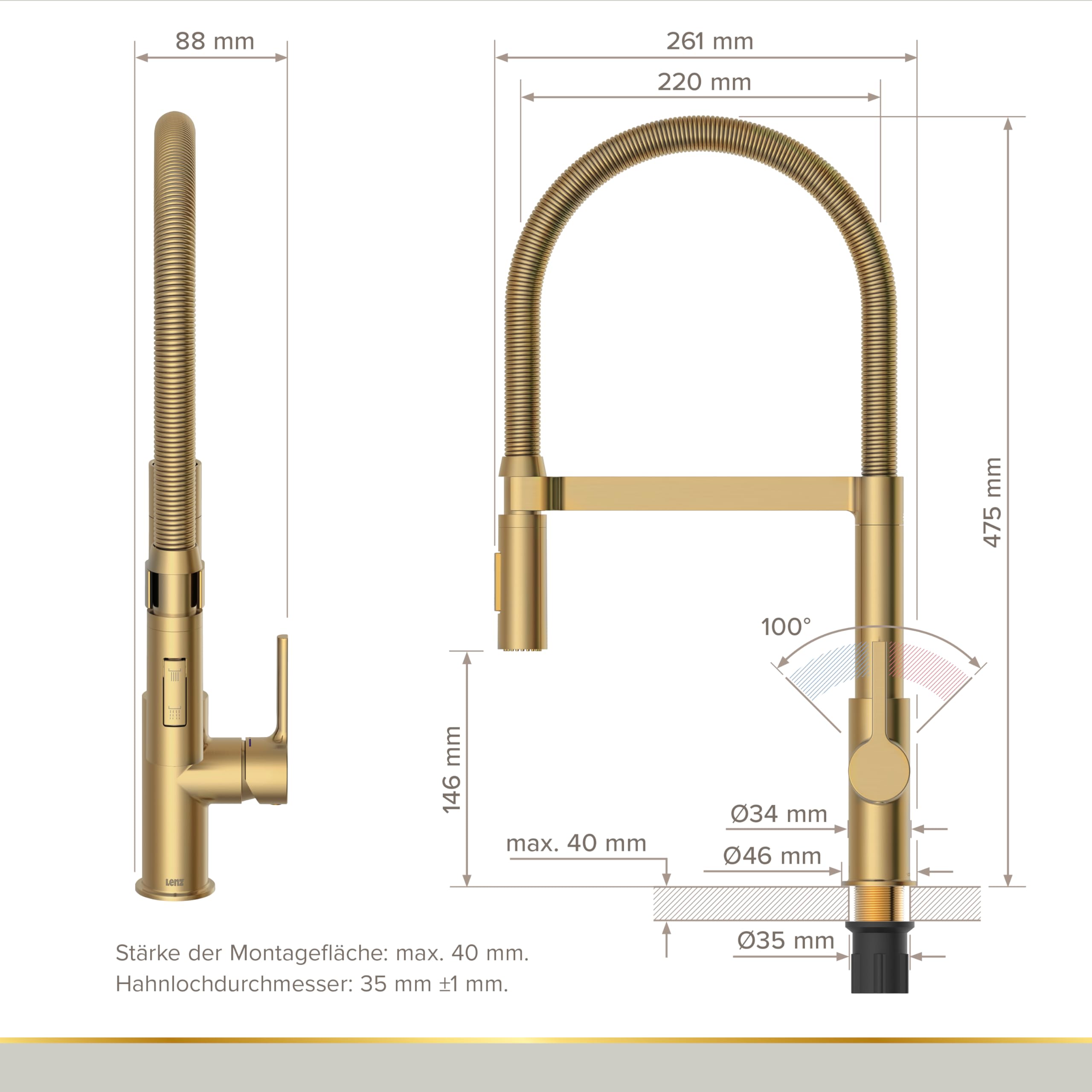 Lenz Rubinetto da cucina ALUNA in oro – doccetta flessibile con 2 tipi di getto, superficie anti-impronte – cartuccia in ceramica di alta qualità e ugello di marca – 46070541