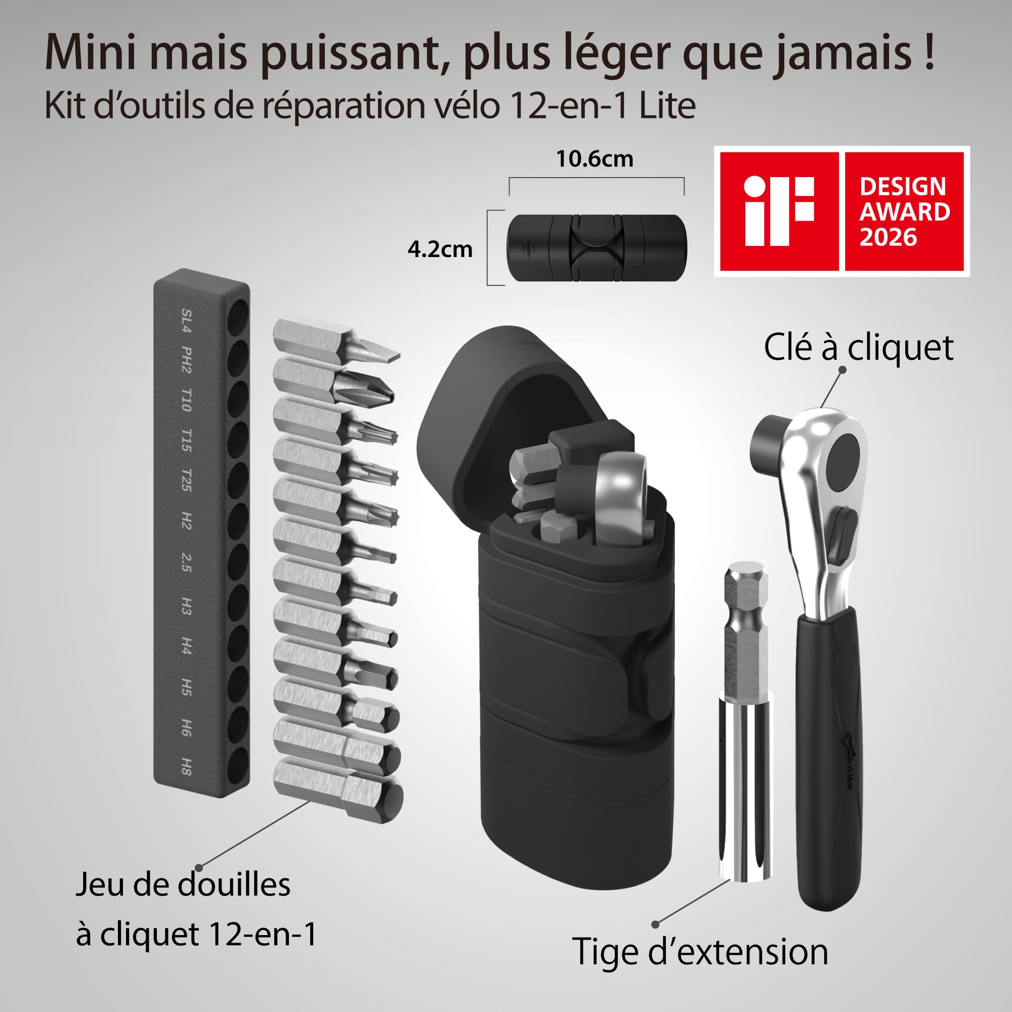 BONE Bike Portable Tool Kit - Lite – iF Design Award – Kit Réparation Vélo 12-en-1 avec Clé à Cliquet – Capsule Compacte Étanche & Anti-Poussière – Accessoire pour Vélo de Route, VTT et Électrique
