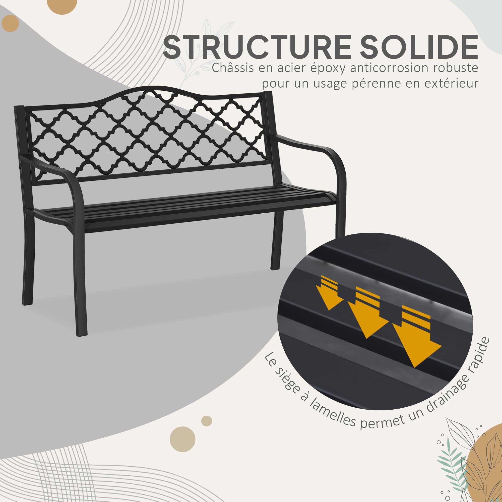 Outsunny Banc de Jardin 2 Places Style Antique 128 x 58,5 x 89 cm Noir | en Fonte, avec Accoudoirs et Dossier, Banquette Extérieure, Balcon Terrasse Patio Véranda Pelouse