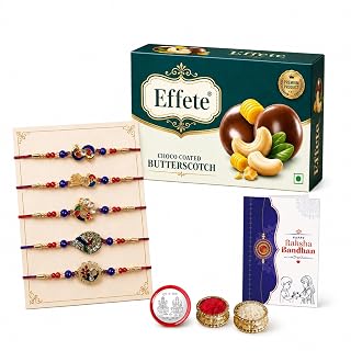 DeoDap Rakhi For Brother Set Of 5 with Effete Chocolate Almonds (K5_NC41_CA32)