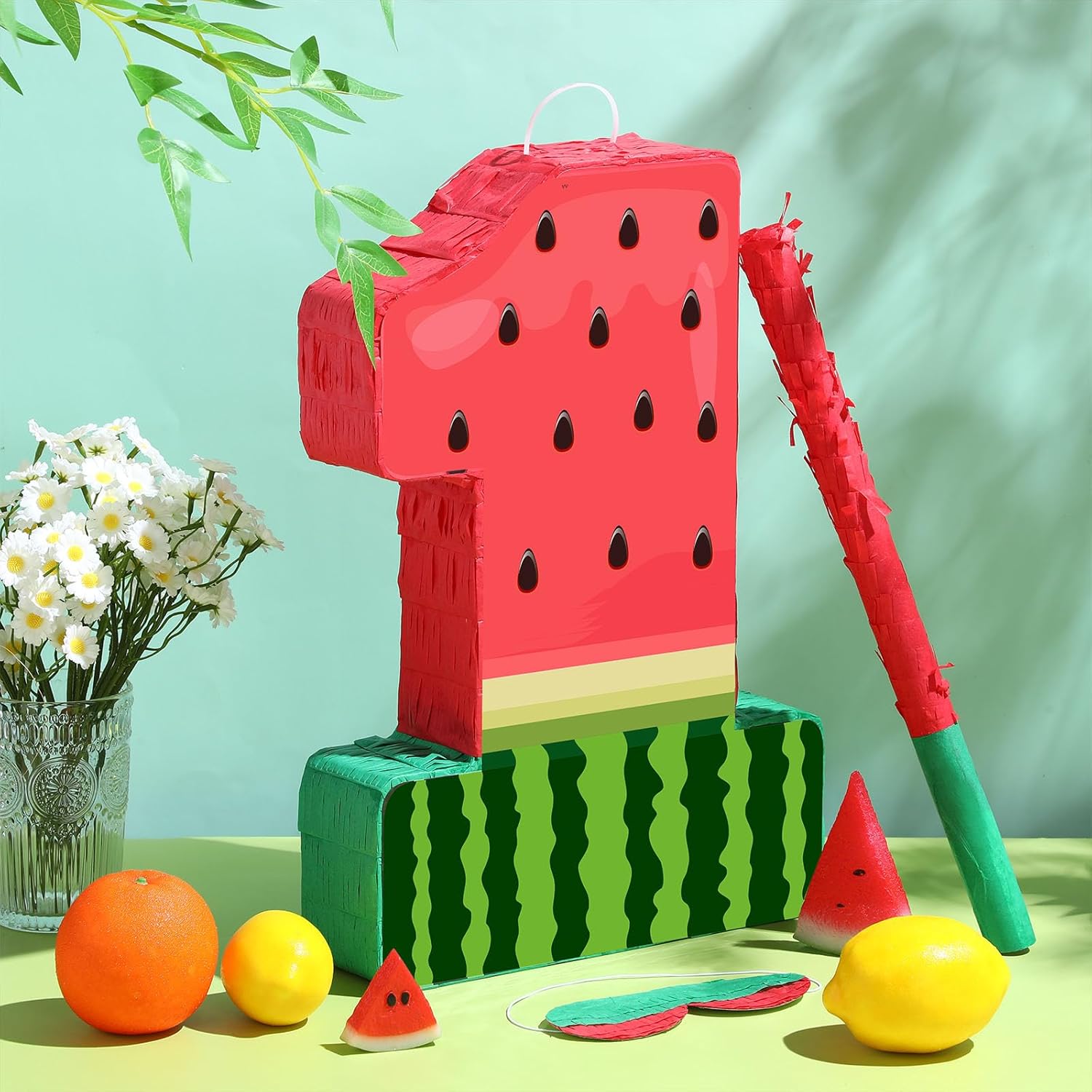 Hollowfly Watermelon Piñata Fruit Number 1 Red Watermelon 1st Birthday Piñata with Bat Stick Blindfold Mask Confetti for Summer Theme Summer Birthday Party Supplies (1)