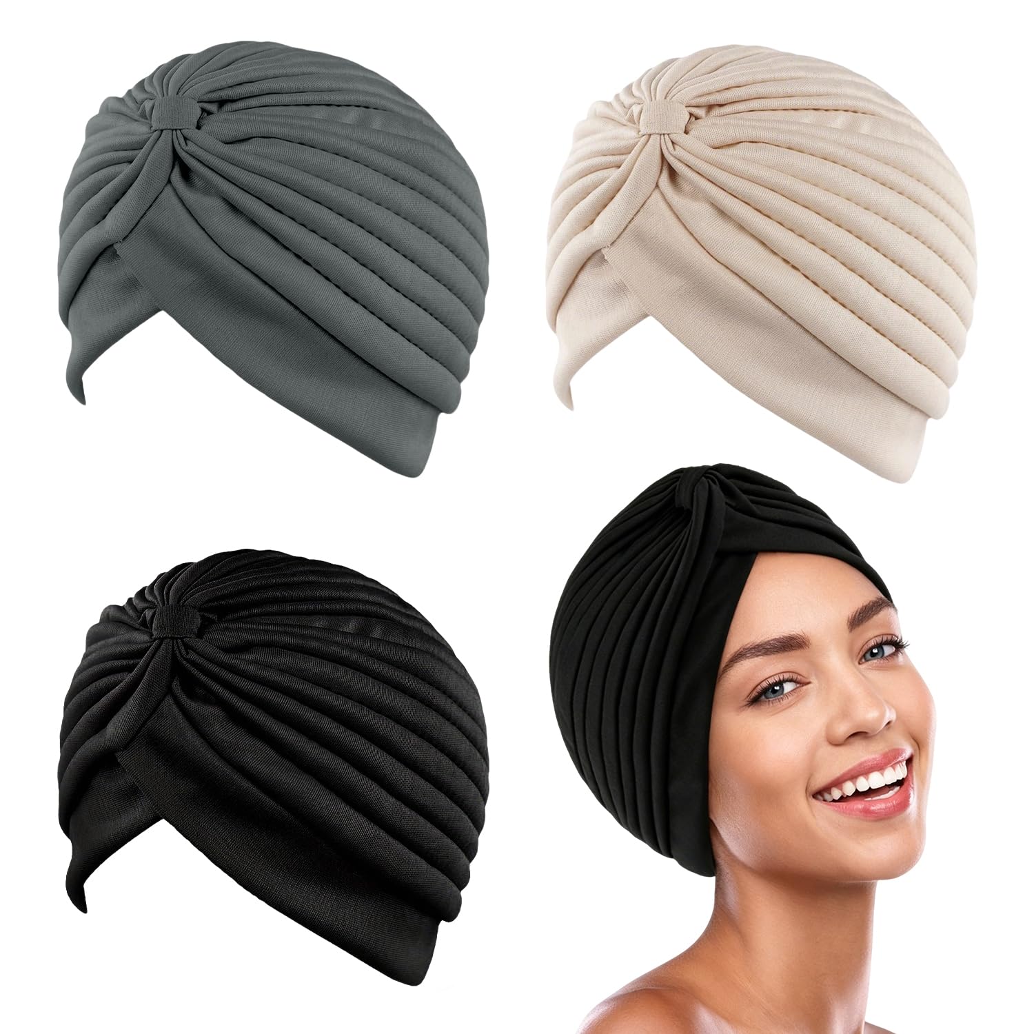 SYEYCW 3 Pcs Turbans for Women, Cancer Chemo Beanies Cap, Soft Turban Head Wrap Headwear, Pleated Beanie Cap Hair Loss Hat, Breathable Stretchy Headwrap for Hair Loss, Cancer Patients and Alopecia