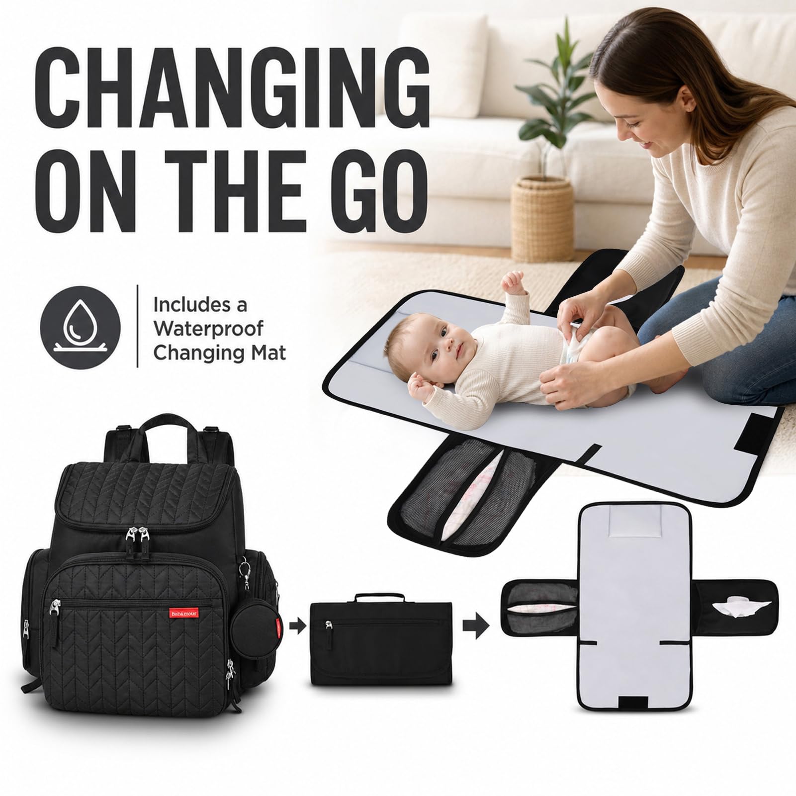 Bebamour borsa per pannolini zaino con fasciatoio, borsa per pannolini impermeabile per mamma e papà, borsa per pannolini per bambini, zaino per pannolini con gancio per passeggino