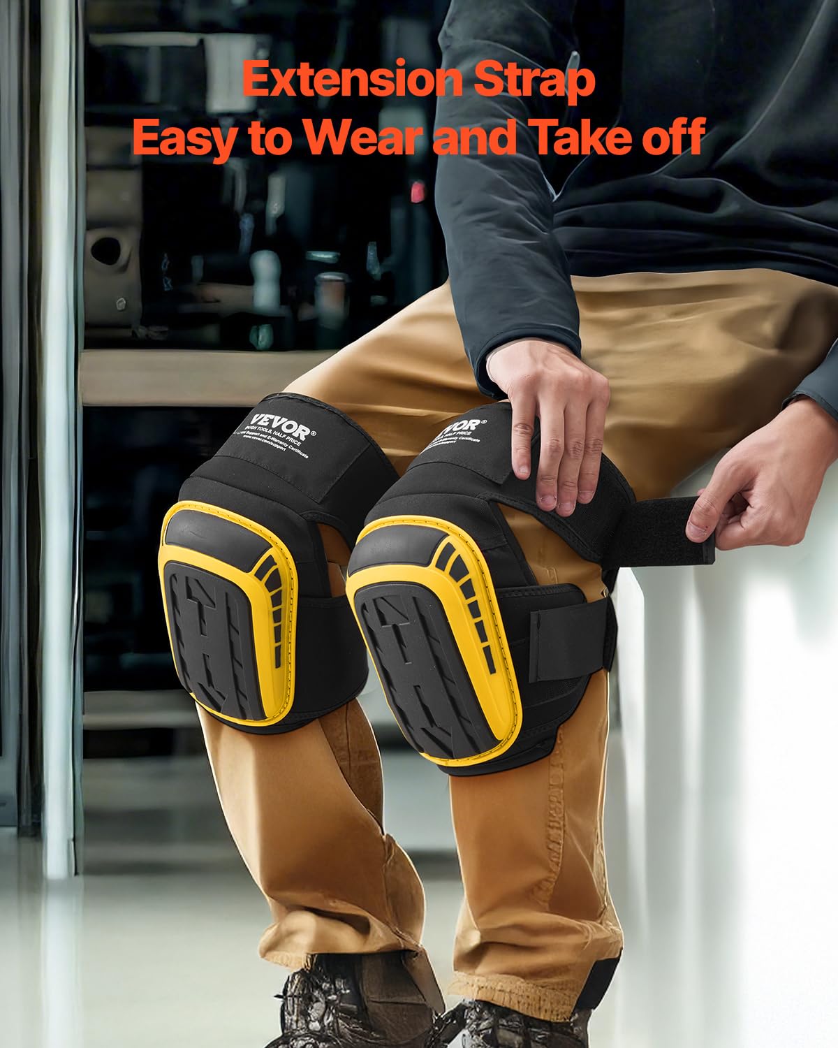 VEVOR Knee Pads for Work, Extended Heavy Duty Construction Knee Pads with 2 Extension Straps, Foam Gel Cushion, Anti-slip for Gardening Flooring Roofing and Cleaning, Men & Women, Yellow and Black