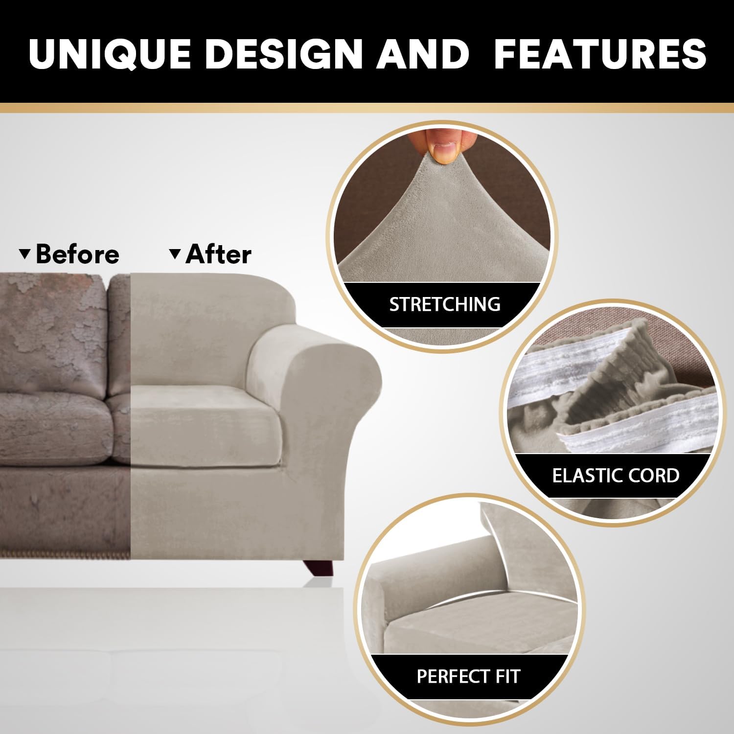 Real Velvet Stretch Chair Slipcovers Bundle 3/4 Pieces Sofa Covers, Furniture Protector, Plaid Pattern, Removable and Washable, Oatmeal