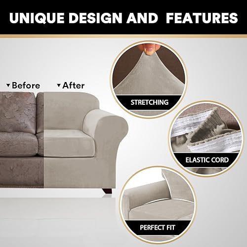 Miniatura 2 de Fundas para sofá, 4 piezas, terciopelo elástico, para sofá de 3 cojines, fundas de sofá suaves con 3 fundas de cojín individuales, lavables a