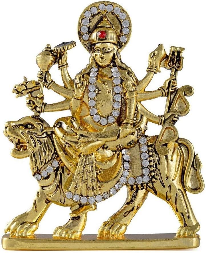 Relicon Goddess Maa Durga Sherawali MATA Idol on Lion (R-69) Gold Metal Statue for Car Dashboard | Mandir Pooja Murti | Temple Puja | Home Decor | Office Table Showpiece (L*B*H-6.2 x 1 x 7.5 Cm)