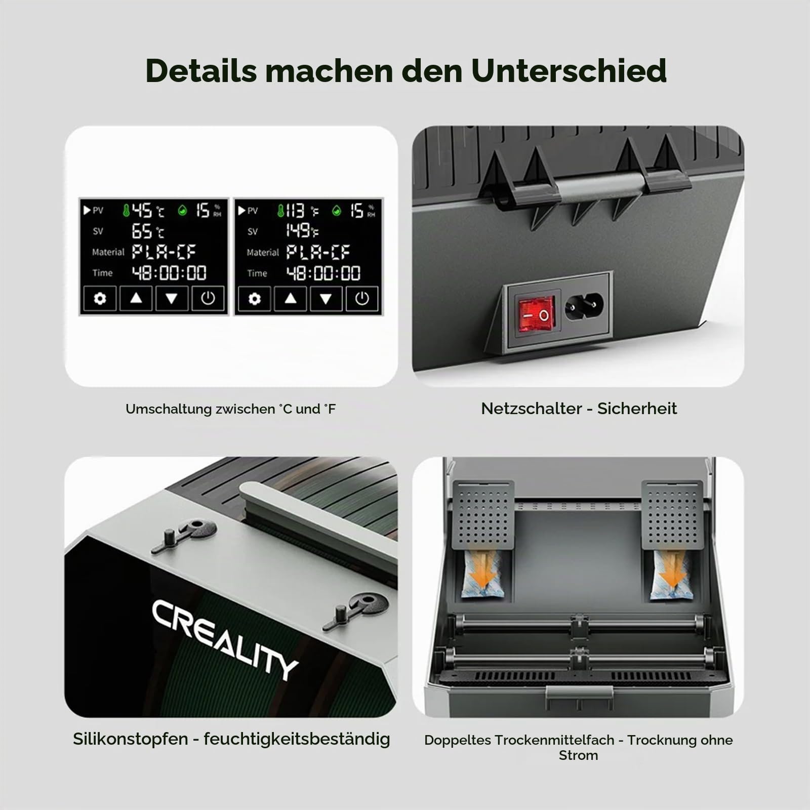 Creality Offizieller Space PI Filament Trockner Plus, 2 Rollen 3D-Drucker Filament Trockner Box mit 360° Heizung, Filament Dehydrator Aufbewahrungsbox für PLA ABS PETG TPU Nylon Filament 1.75mm 2.85m