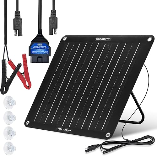 ECO-WORTHY OBDII - Cargador de batería solar mejorado de 10 W, mantenedor de batería solar impermeable de 12 V, kit de cargador de goteo con soporte