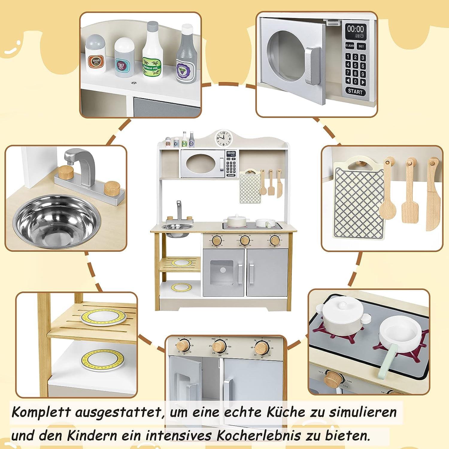 ACXIN Holz Küchenset für Kinder, Küche Küchenspielzeug Set mit Kinderküche zubehör, Küchen-Zubehör aus Edelstahl und Holz, Mini-Küche für kleine Jungen und Mädchen (68x26x78cm)