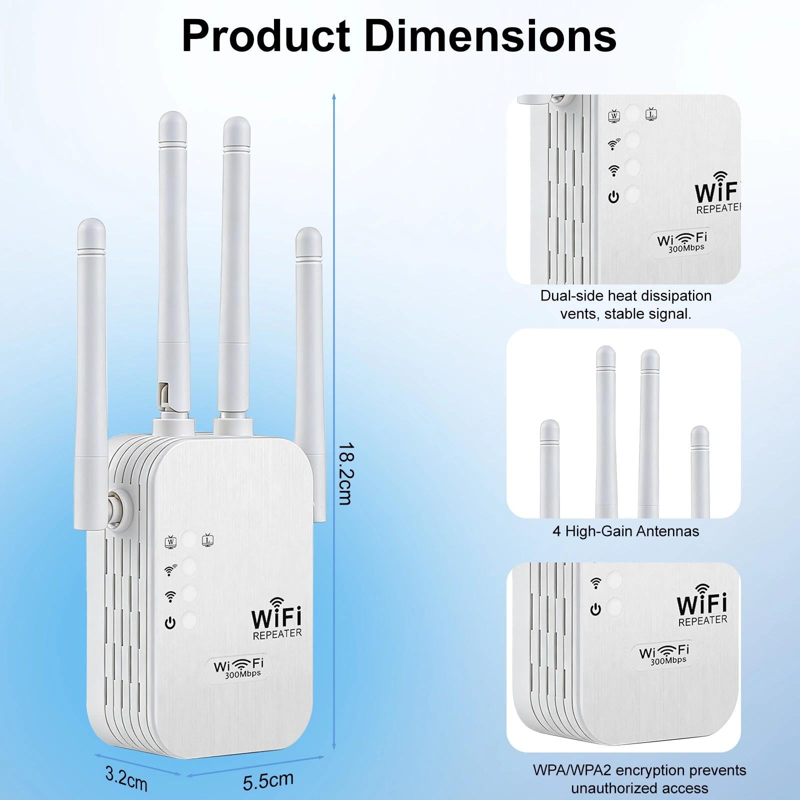 Ripetitore WiFi Potente per Casa,1200Mbps Doppia Banda 2.4G/5G, Amplificatore WiFi con Porta LAN 4 Antenne Compatibile con Tutti Router Modem per Casa e Ufficio