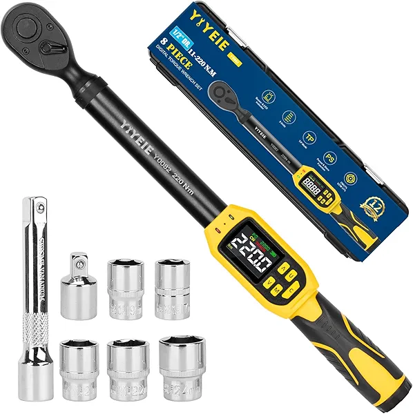 YIYEIE 8PC Digital Torque Wrench 1/2" Drive | 8.5-160 ft-lb | ±1% Accuracy | Smart Alert Multi | 1/2-Inch Go-To Tire-Lug Kit for Moto, Auto, DIY, with 5 Sockets, Extension Bar, Adapter