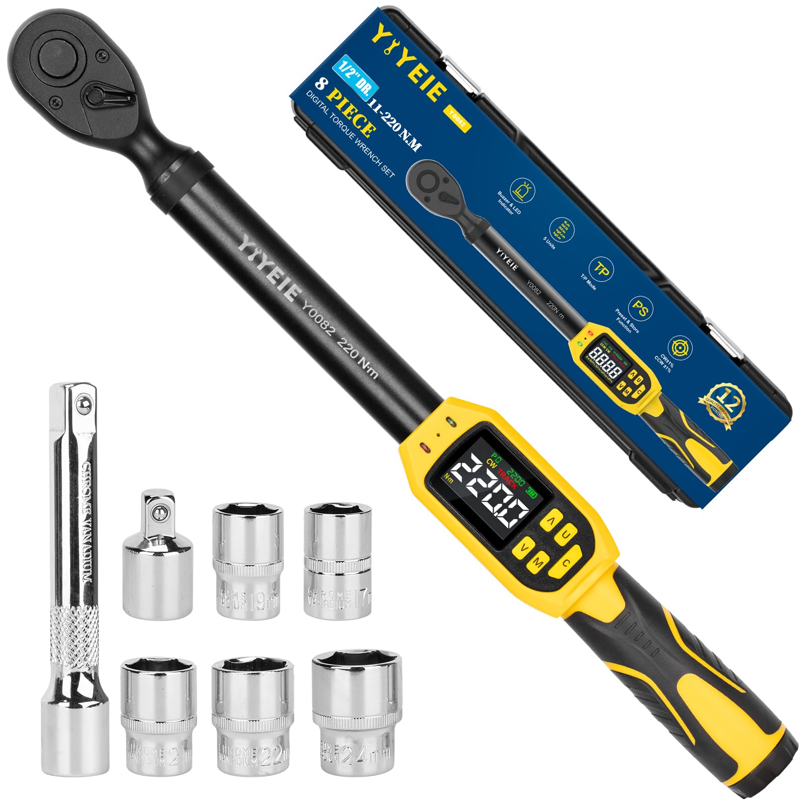 YIYEIE 8 llaves dinamométricas digitales de 1/2 pulgada | 8-160 pies-libras | Precisión ± 1% | Alerta inteligente Multi | Kit de lengüeta de neumático de 1/2 pulgada para motocicleta, automóvil