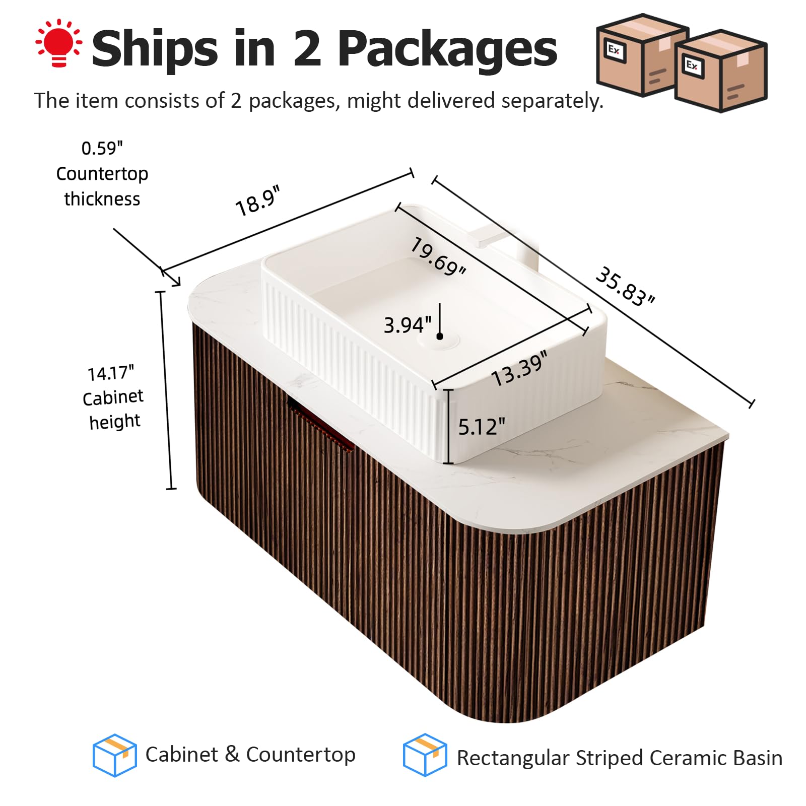 36'' Floating Bathroom Vanity with Sink, Natural Solid Wood Modern Bathroom Vanities with Rectangular Ceramic Basin and Marble Top, Soft-Close Large Drawer, Pre-Assembled Cabinet, Walnut