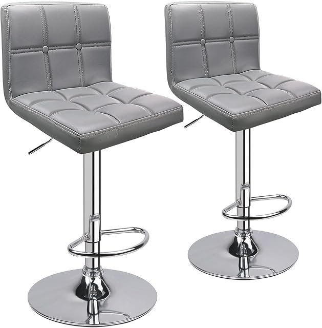 Leader Accessories Bar Stools (2/Set) Adjustable Bar Chairs Breakfast Dining Stools for Kitchen Island Counter PU Leather Double Stitching Square Back with decoration (Light Grey)
