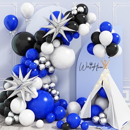 Kit de arco de globos azules, negros y blancos, kit de guirnalda de globos azul marino oscuro, azul real, blanco y negro, con globos de látex