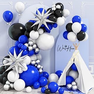 Blue Black and White Balloon Arch Kit, Navy Dark Royal Blue White Black Balloon Garland Kit with Metallic Silver Latex Balloons Explosive Star Foil Balloons for Graduation Gaming Birthday Party Decor