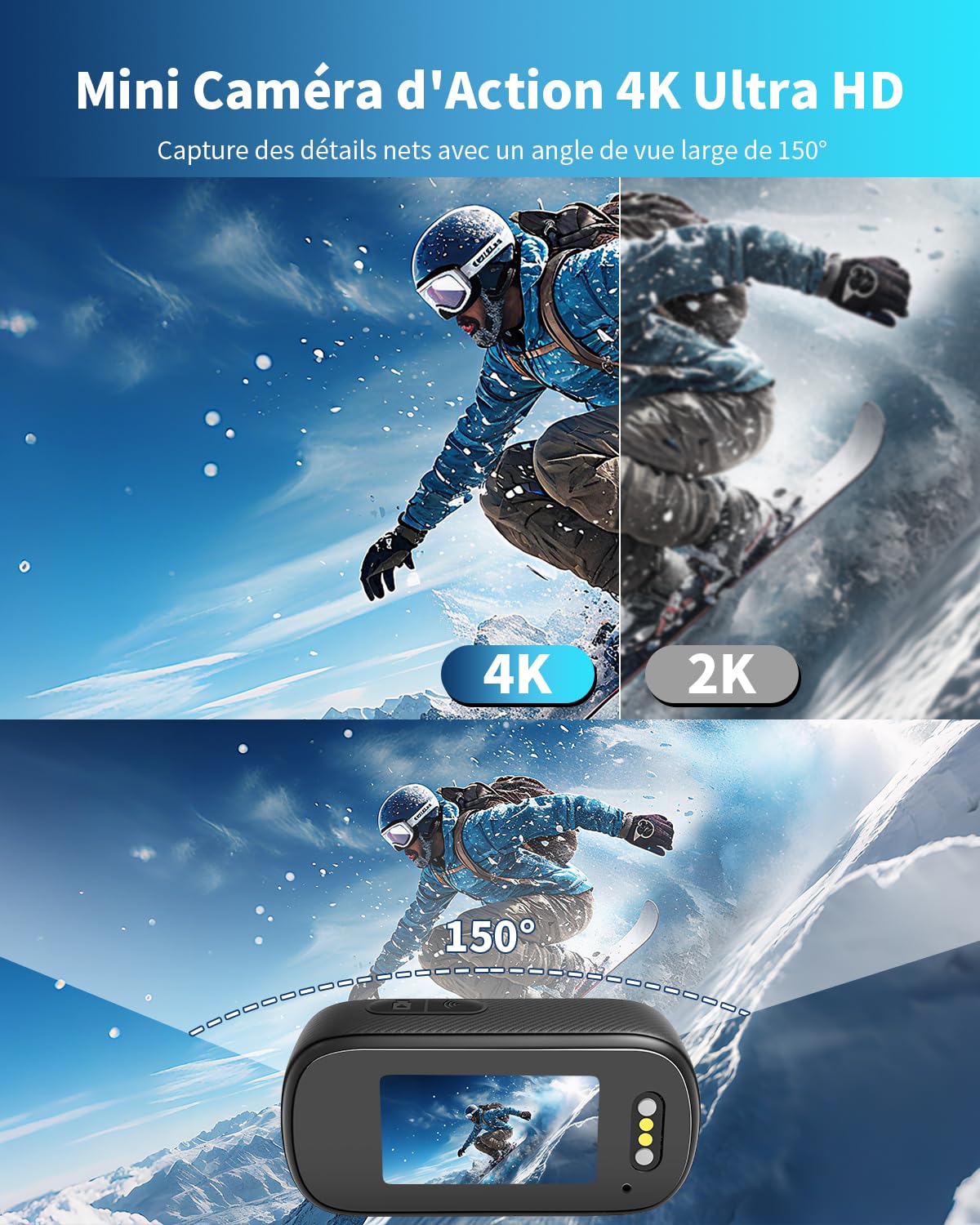 Caméra Sport 4K WiFi, 64GB Mini Caméra Cam, 150° Caméra d'action avec Écran Caméras Corporelles Vlog Camera Sportive Caméscope de Casque Moto Multifonction Accessoires