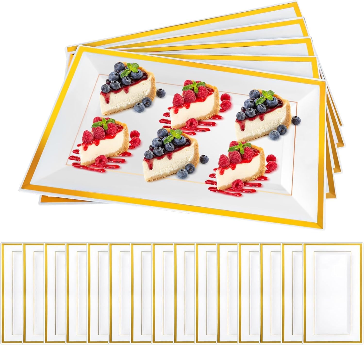 LYCN 20 eleganti piatti da portata in plastica, 33 x 20 cm, piatti da portata e vassoi bianchi con bordo dorato, grandi vassoi riutilizzabili per feste per tavolo da dessert, matrimoni, frutta