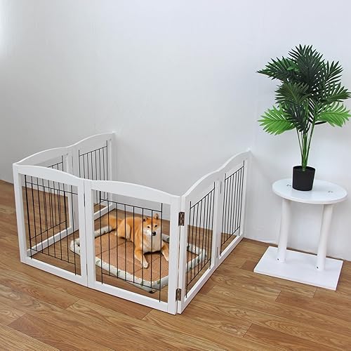 Miniatura 4 de ZJSF Puerta plegable independiente para perro, puerta de madera extra ancha blanca para cachorros, 6 paneles de puerta alta para mascotas, valla